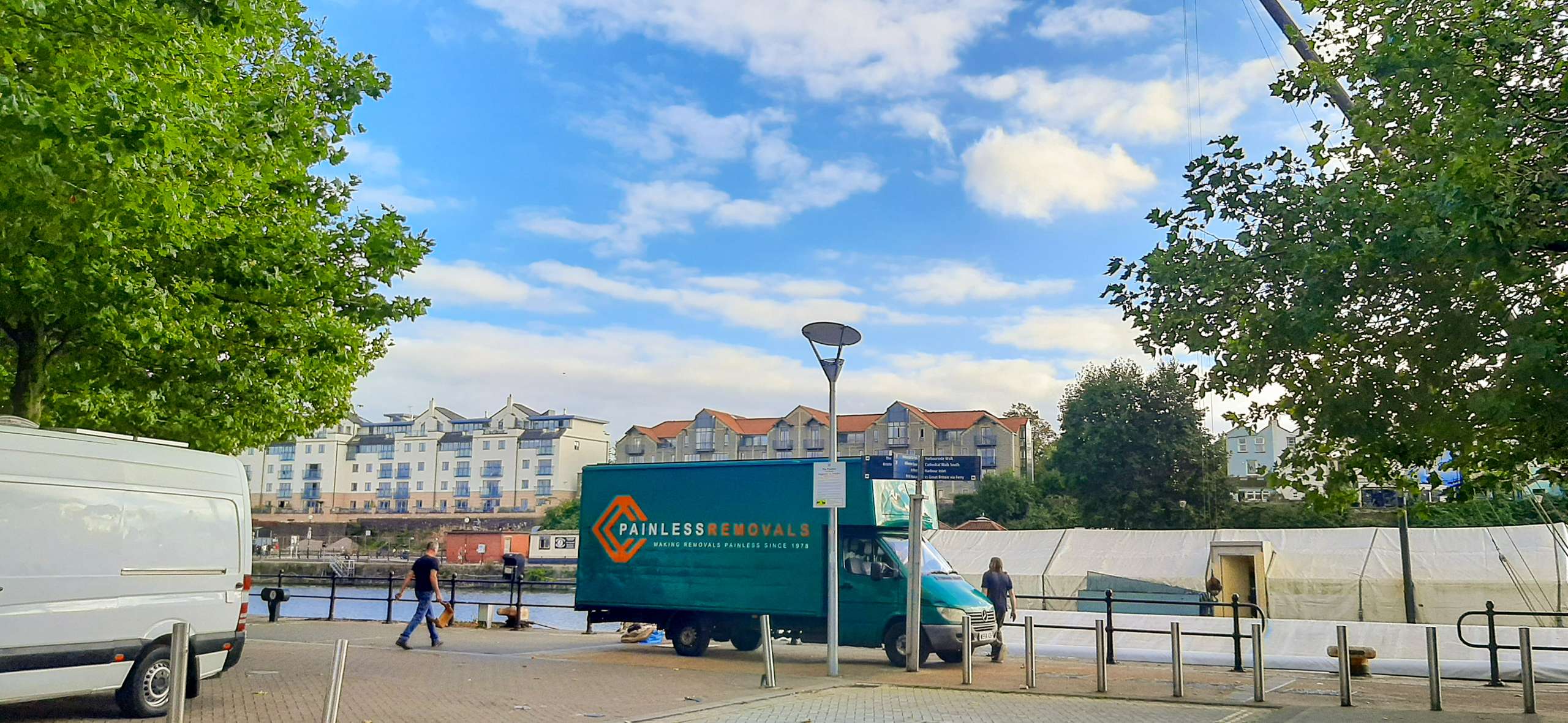 Painless Removals van at Bristol harbourside near Hotwells