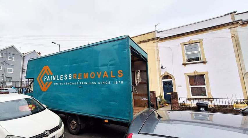Painless Removals team loading a van outside a Victorian terrace in Bedminster, Bristol