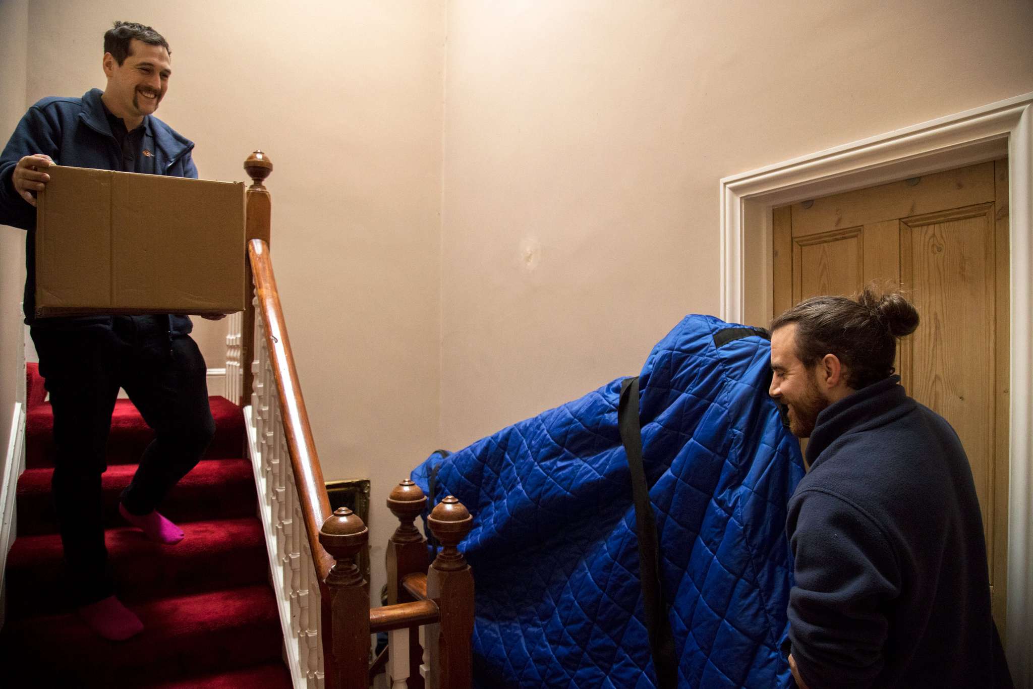 Steep Georgian staircase inside a Montpelier terrace — typical of the narrow stairwells our crew navigates