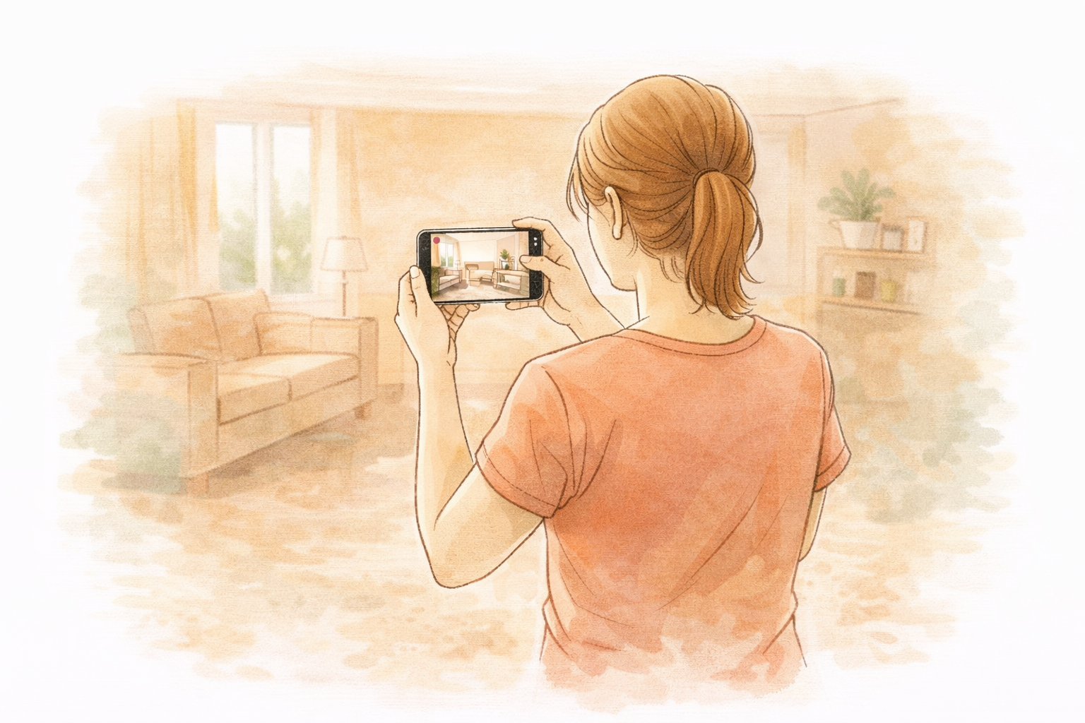 Person slowly filming a living room with phone held horizontally for removal survey