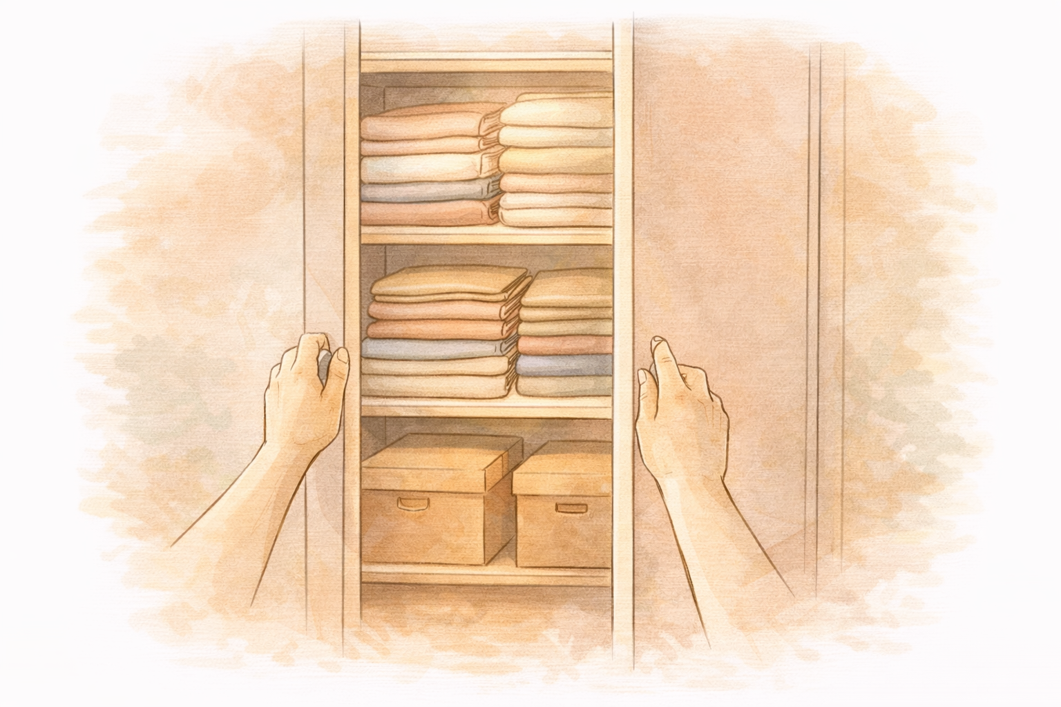 Hands opening a wardrobe showing shelves and storage boxes inside