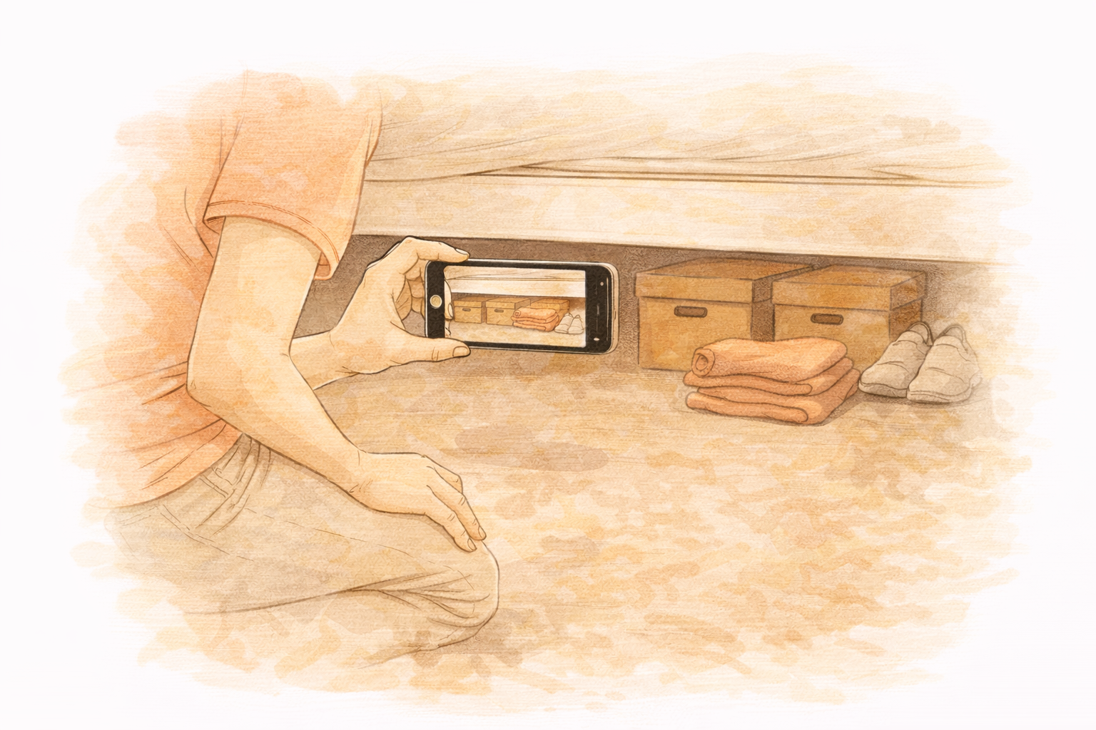 Person filming under a bed with phone, showing boxes and items stored there