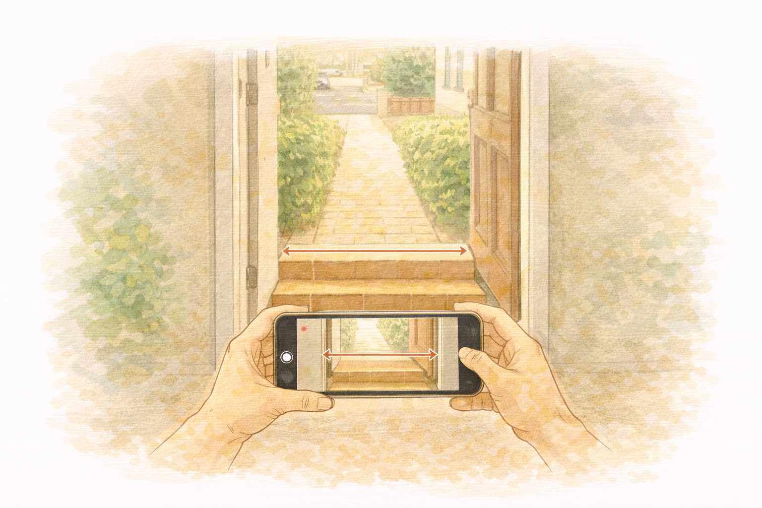 Hands filming front door and pathway showing access for removal van