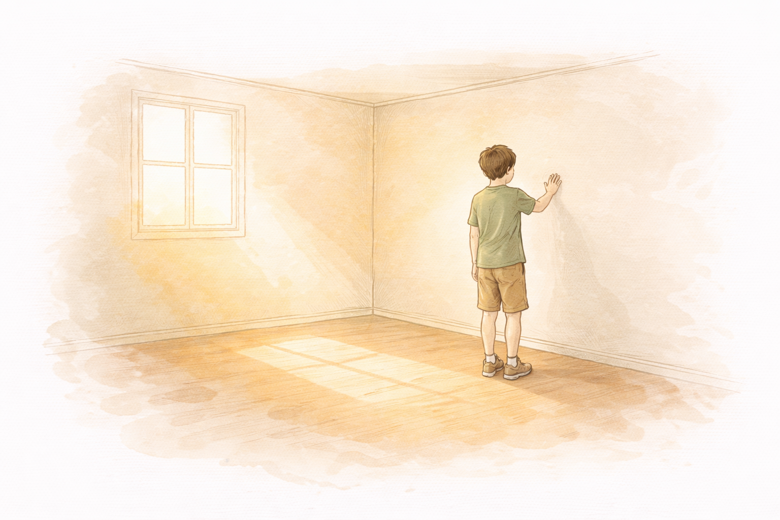 Illustration of a child standing in an empty room, gently touching the wall and beginning to feel at home
