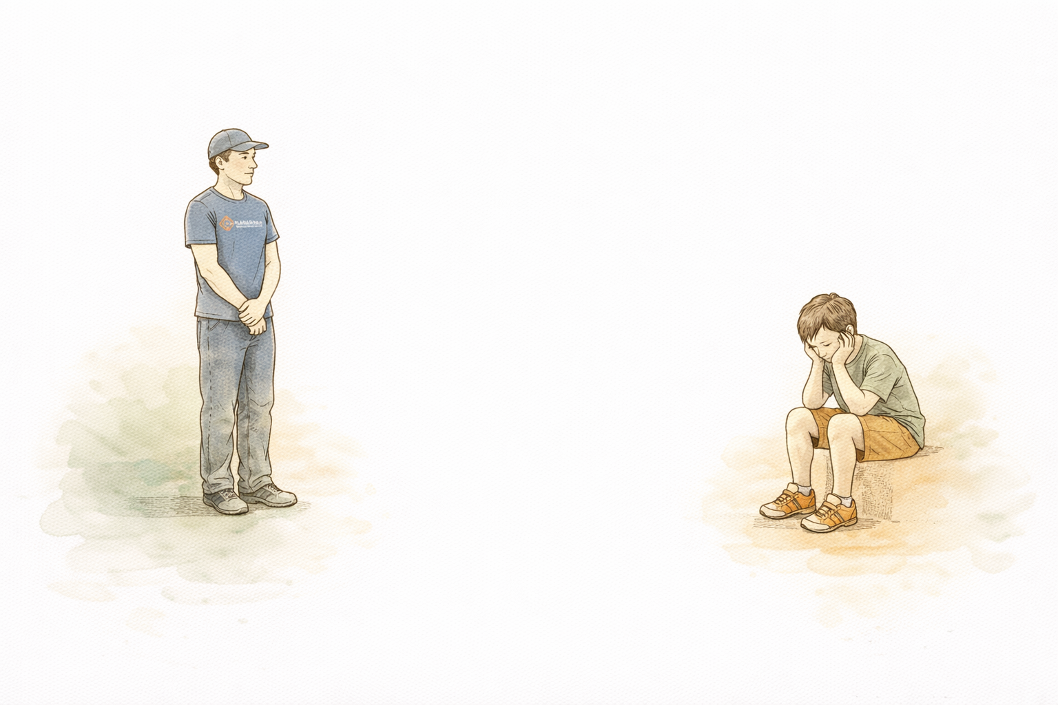 Illustration of a crew member standing back patiently while a child sits and takes a moment to recover