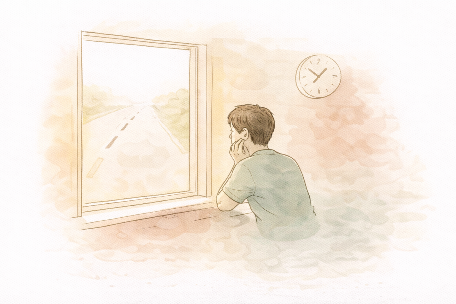 Illustration of a person anxiously looking out of a window at the road, with a clock on the wall