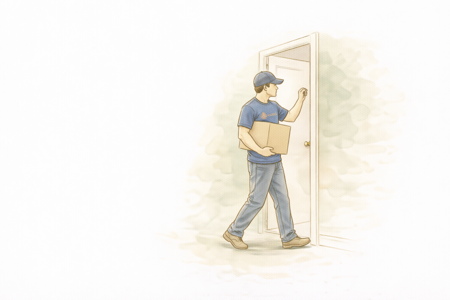 Illustration of a crew member gently knocking on a door before entering, holding a box