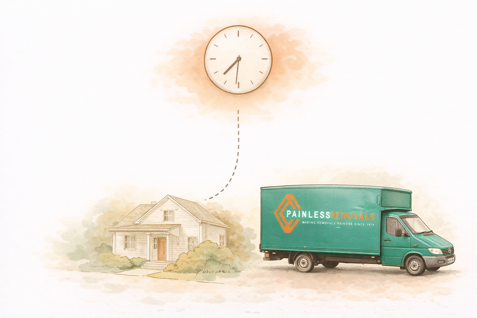 Illustration of a Painless Removals van arriving at a house with a clock showing the exact promised time
