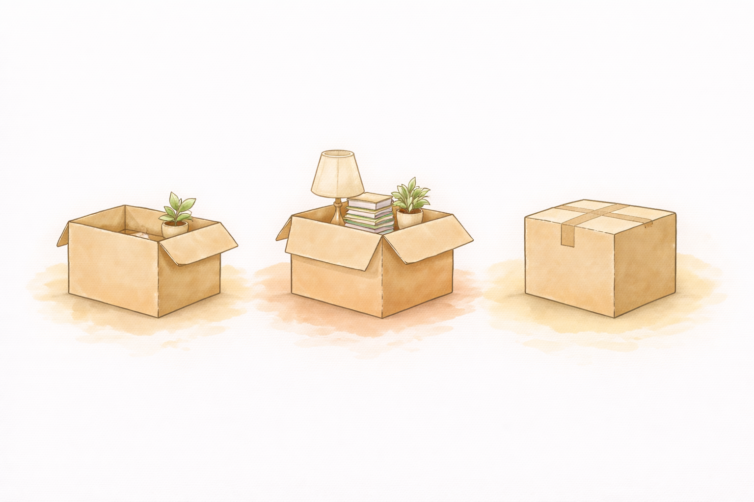 Illustration of three moving boxes at different stages of packing — open, partially packed, and sealed