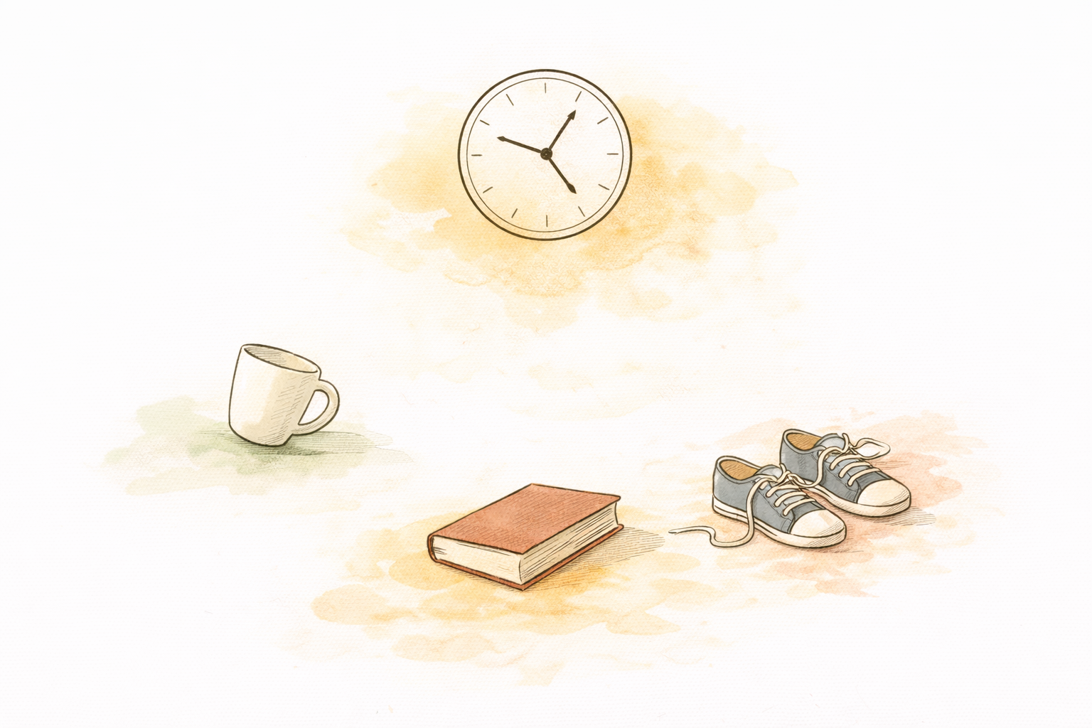Illustration of familiar routine objects — a clock, cup, book, and shoes — scattered and displaced