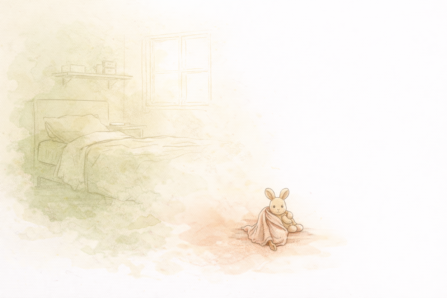 Illustration of a stuffed toy bunny sitting alone as a bedroom fades away behind it