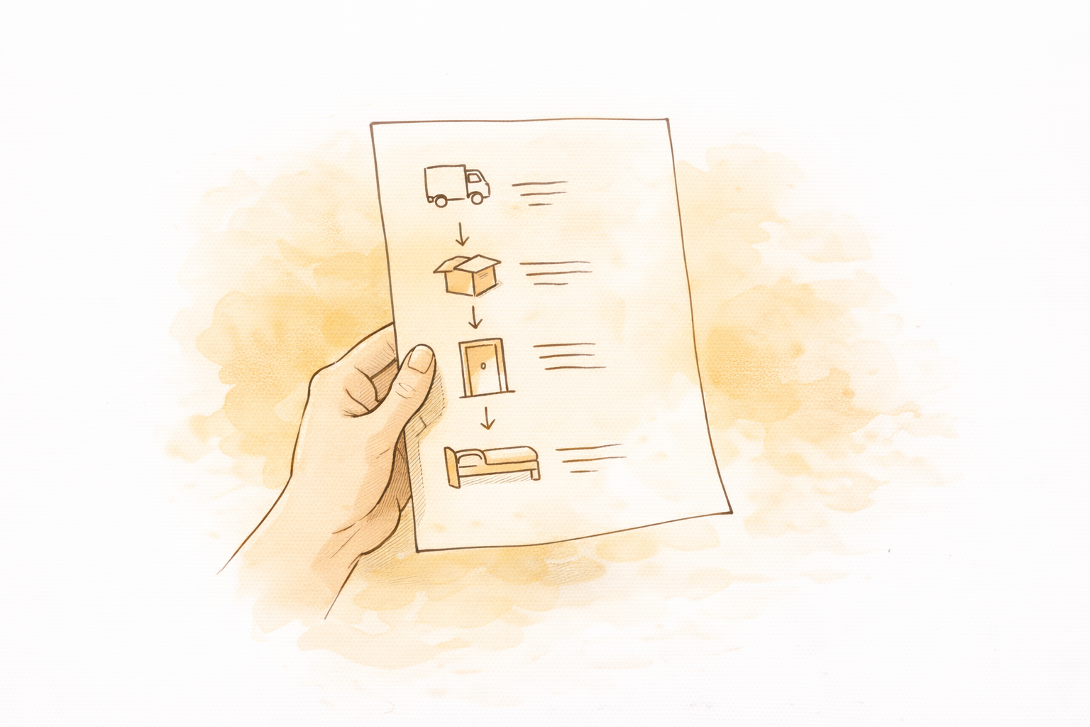 Illustration of a hand holding a visual moving-day timeline showing van, boxes, and furniture steps