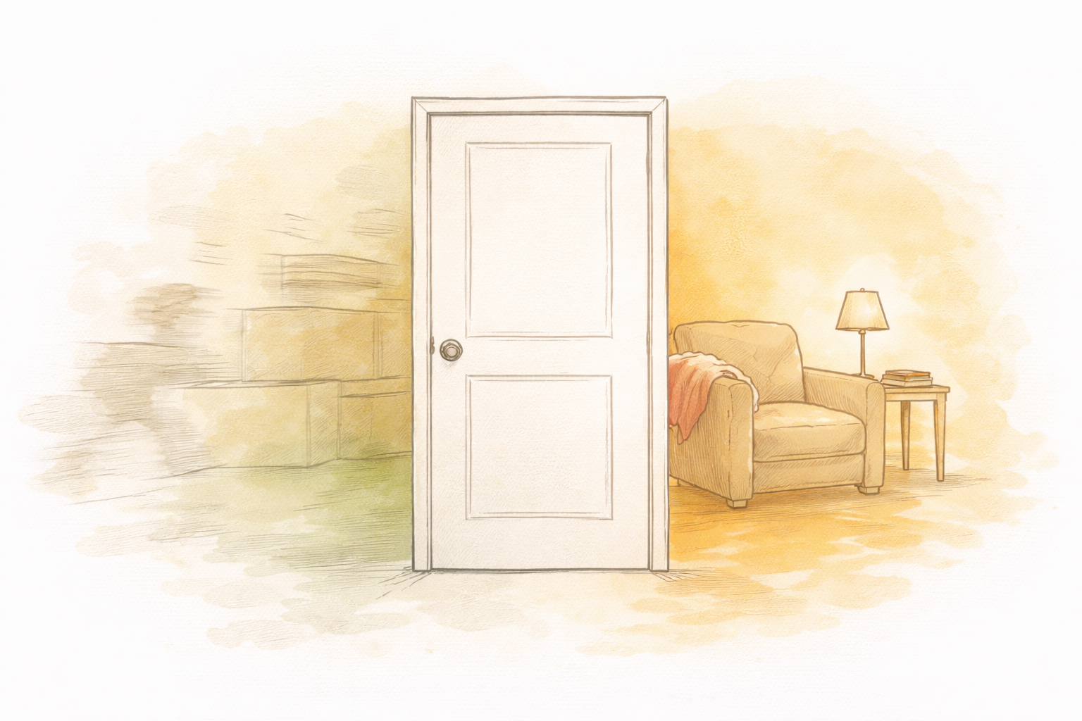 Illustration of a closed door with a cosy armchair and lamp visible in the quiet room beyond