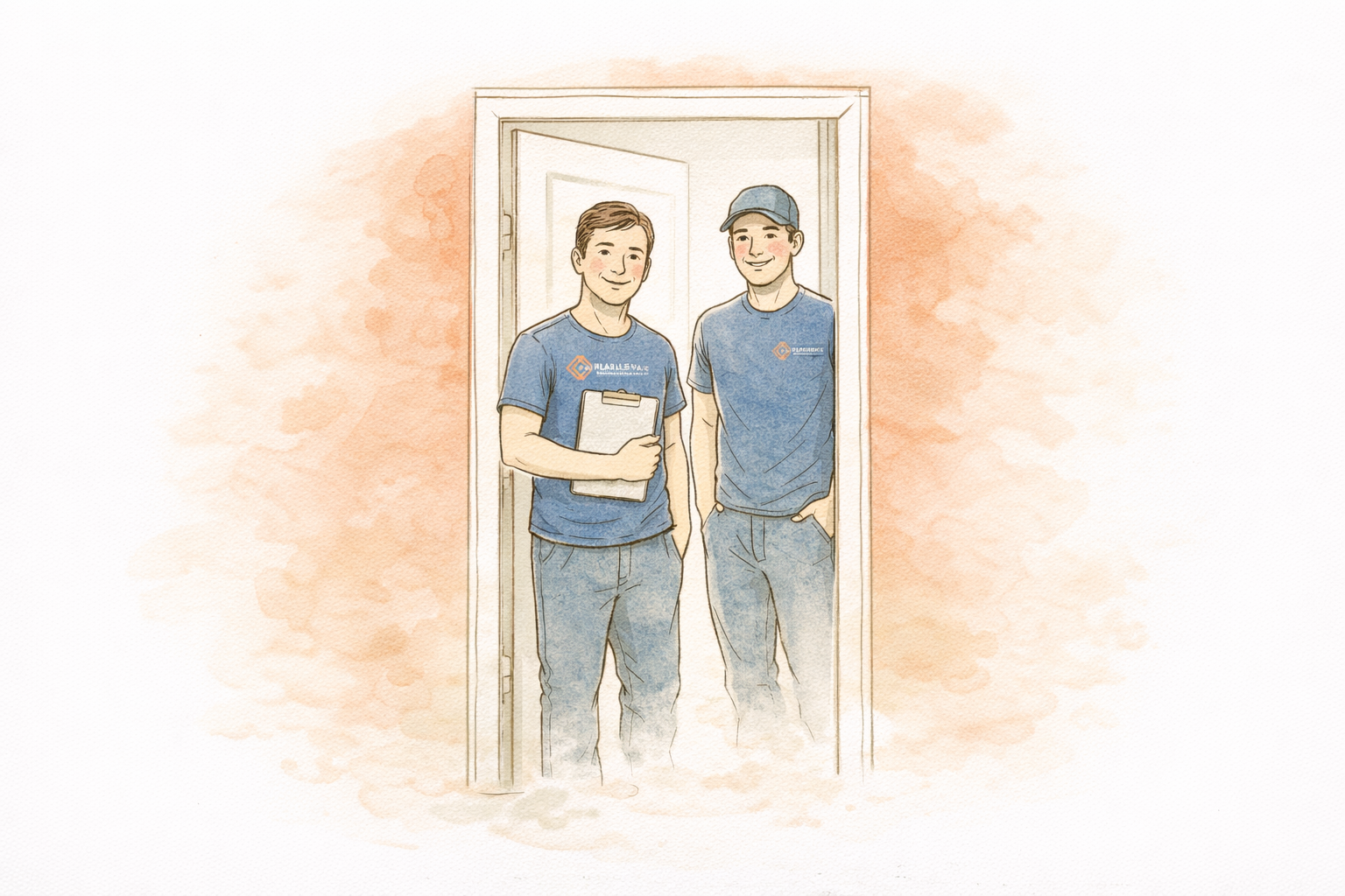 Illustration of two friendly removal crew members standing together at a front door