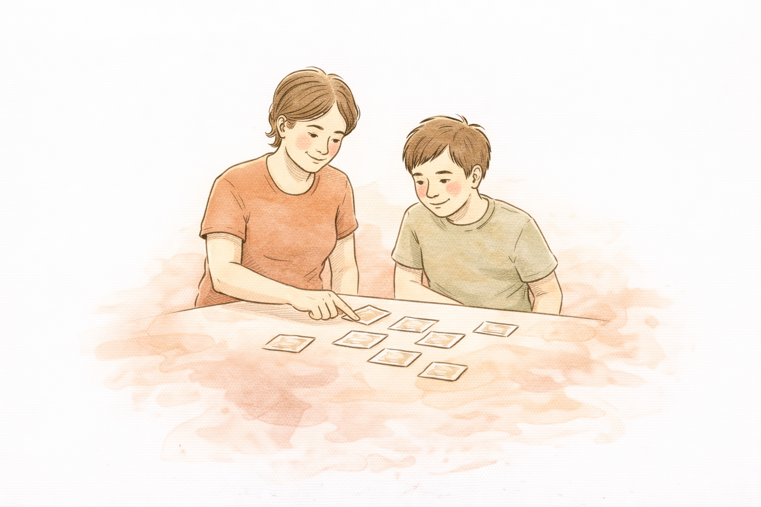 Illustration of a parent and child sitting together, looking at picture cards of the moving process