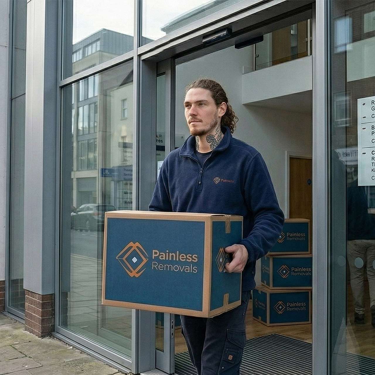 Painless Removals mover carrying branded moving boxes from Bristol office building